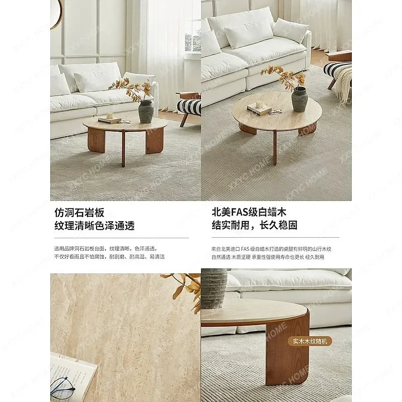 XX Round Travertine Sintered Stone Coffee Table, Solid Wood Design Tea Table For Small Spaces