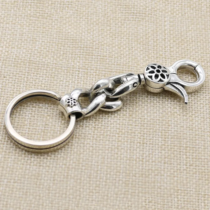 Japan Fashion Silver S925 Pure Cherry Blossom Keychain Vintage High Gear Car Business Thai Silver Men's All Silver Waist Hanger