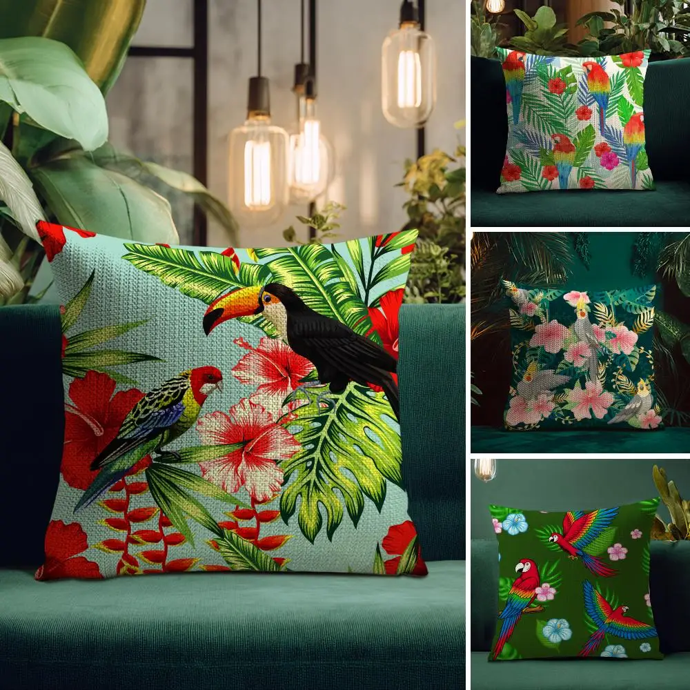 Tropical Parrots Flowers Palm Leaves Cushion Cover Natural Linen Organic Fabric Double-Sided Printing Breathable Perfect  Decor