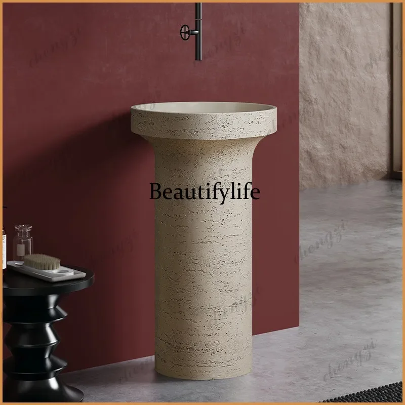Y136  wabi-sabi style beige travertine family small apartment floor-to-ceiling wash basin hotel outdoor courtyard column basin
