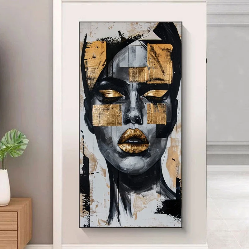 Modern Abstract Black And Gold Makeup Lady Fashion Poster, Living Room Bedroom Corridor Decoration, No Frame
