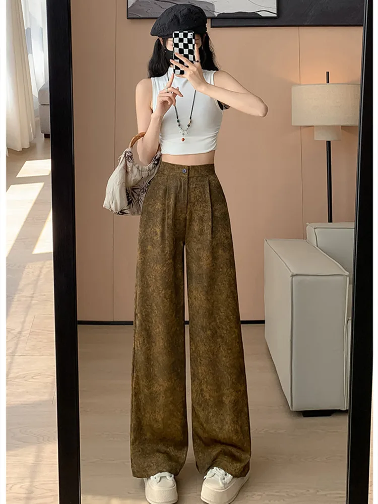 New Chinese National Style Satin Jacquard Wide-leg Pants Women's Spring Summer 2024 New High-waisted Slim Casual Mopping Pants