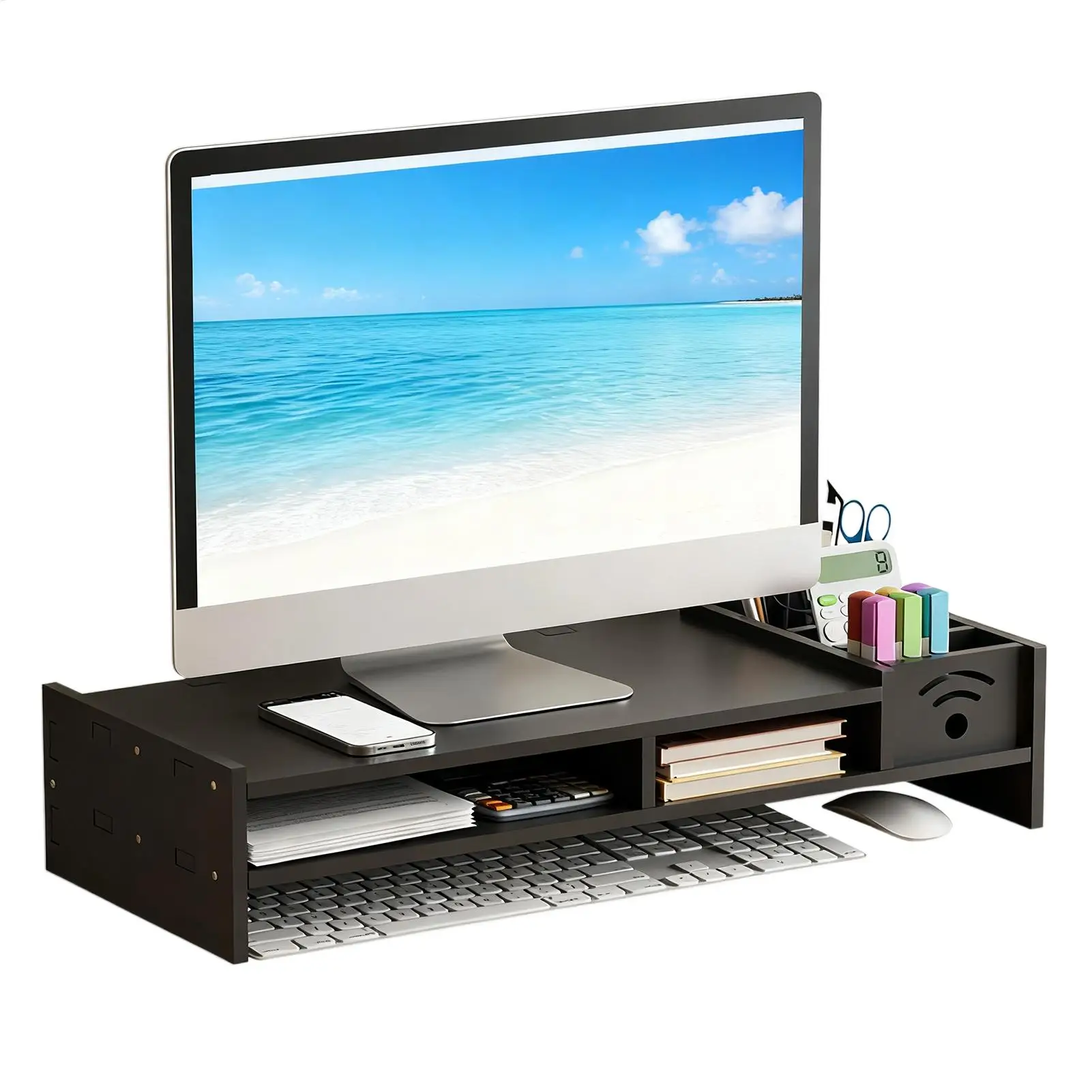 Desk Monitor Stand 2-Tier Desk Holder 4.3 Inch Height Computer Riser with Storage Organizer for Home Laptop PC TV Work Table