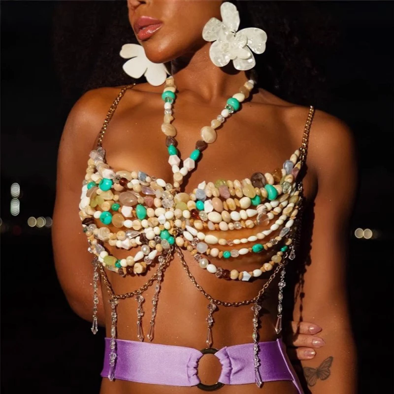 Rainbow Color Beaded Camisole Body Jewelry Interesting Accessories For Women Sexy Ladies Crop Top Fashionable Outerwear Bra