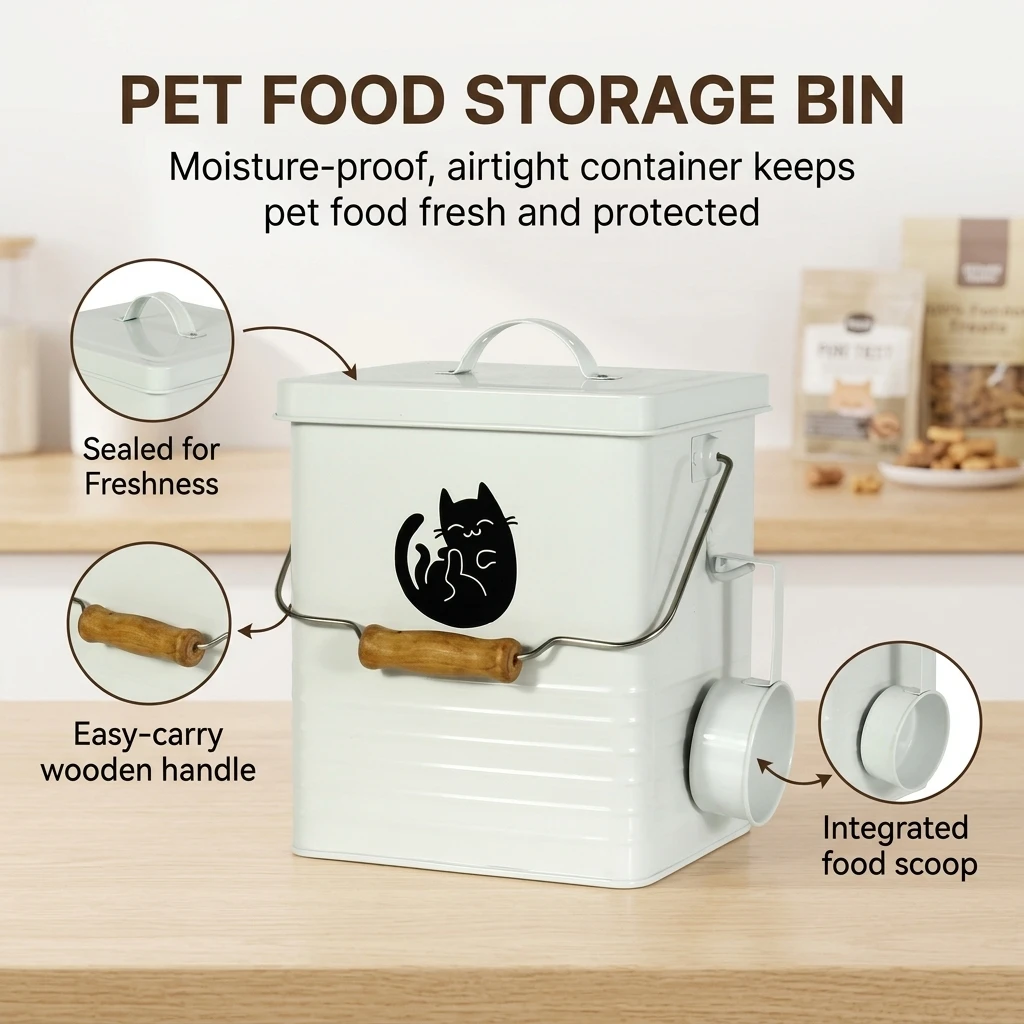 Galvanized Steel Food Bin for Pet Home Dog Cat Owners 8.2L Airtight Kibble Container Moisture Proof Storage Box Durable