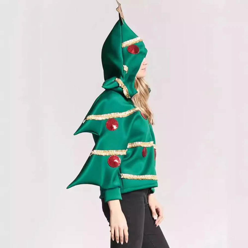 Christmas Hoodie Party Cosplay Costumes Men and Women Dark Green Zipper Hoodies Christmas Tree Stage Play Costume Clothing