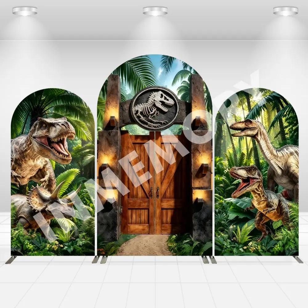 Fondo de Pared de Doble Cara con Diseño de Jurassic Park, Decoración con Puerta de Madera y Bosque Tropical, Banner para Primer Cumpleaños de Niño