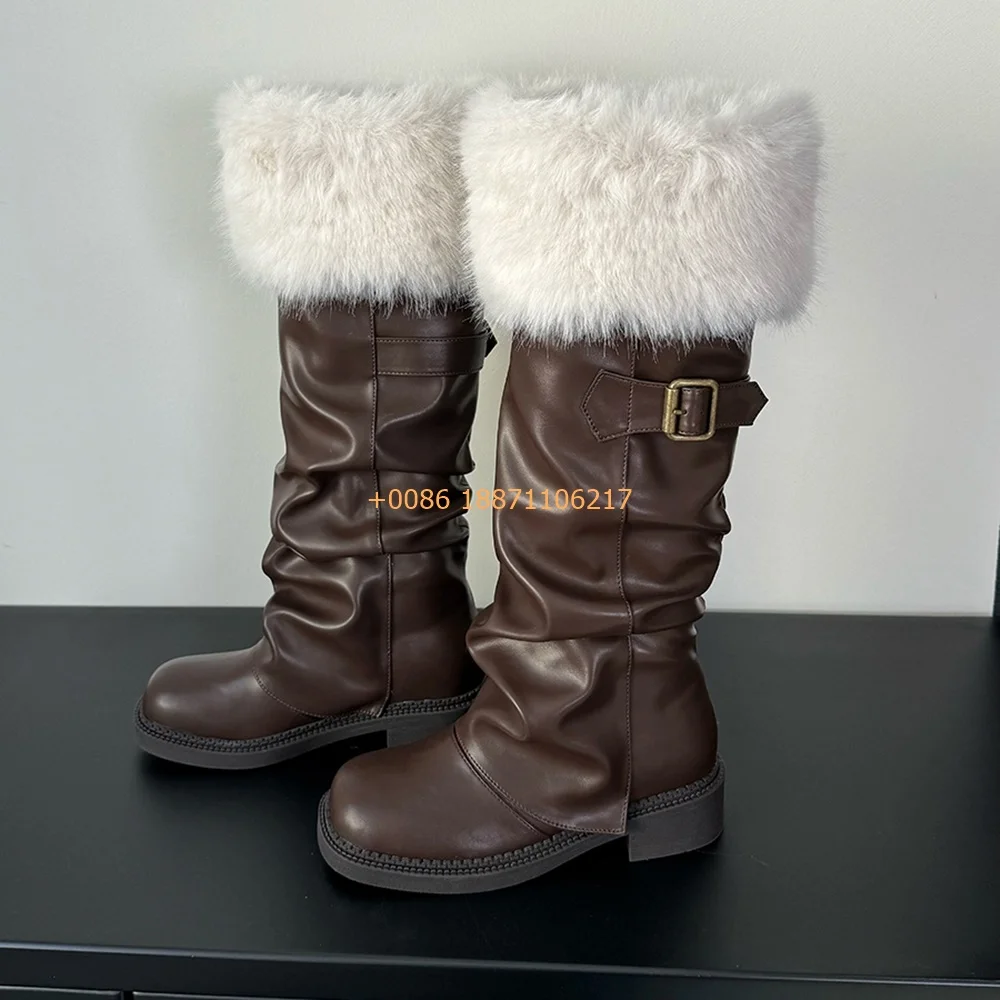 Autumn Women's Fur Snow Boots 2025 New Fashion Thick Sole Round Elegant Street Warm Knight Boots Sexy Party Thick Heel Long Boot