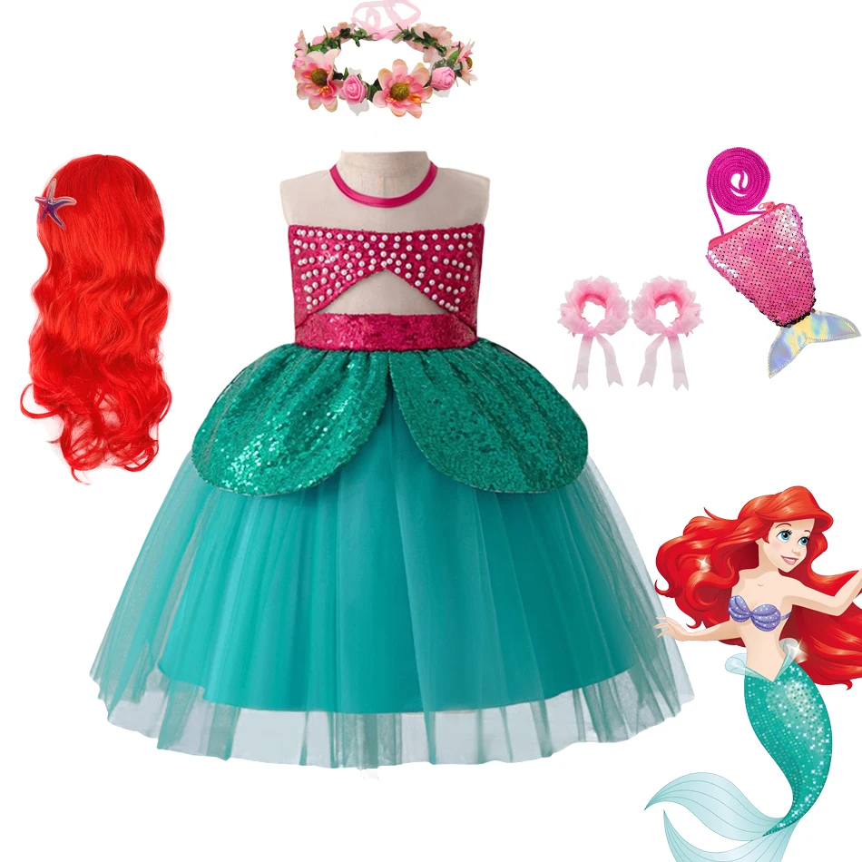 Disney Ariel Princess Dress Girls Sequined Pearl Embellished Sleeveless Fancy Ball Gown Halloween Carnival Clothes Casual Outfit