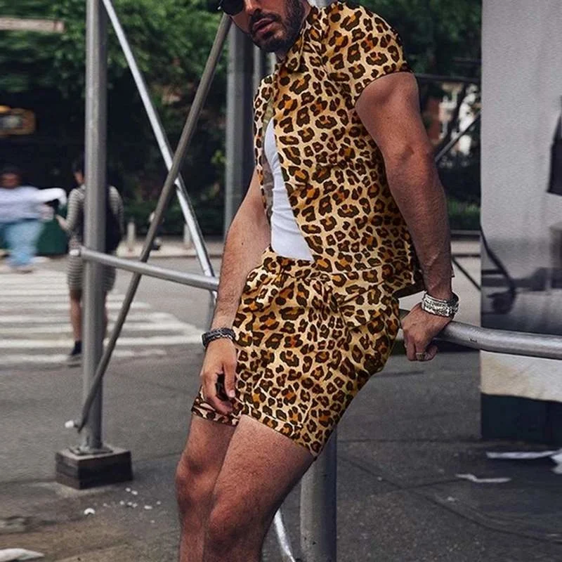 Summer Men\'s Fashion Leopard Print Sets Elegant Social Shirt + Shorts Two Piece Set Luxury Men Outerwear Suit