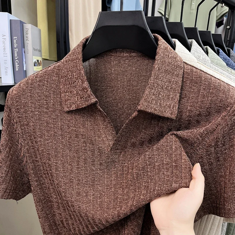 Men's Vertical Striped Knitted Polo T Shirt Short Sleeve Ribbed Texture Breathable Comfortable Summer Casual Business Top