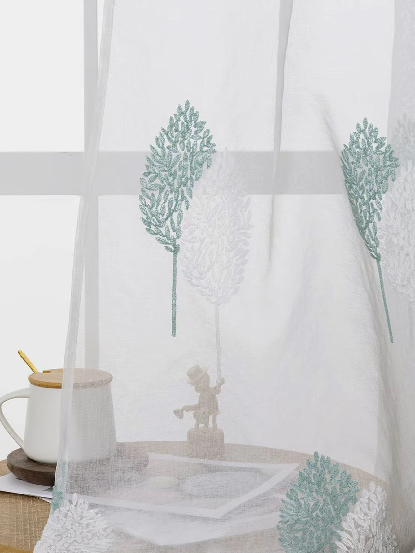 Dark Green Modern Nordic Grommet Top Sheer Curtains with Embroidered Tree Patterns, Floor-Length Drapes for Elegant Home Decor