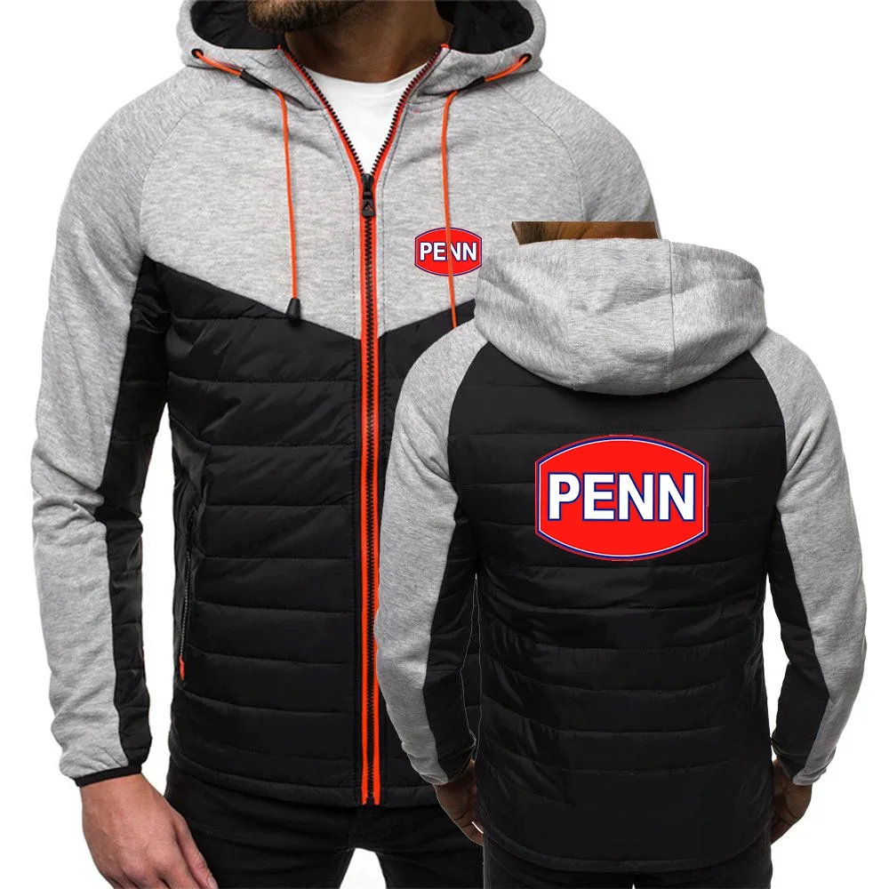 2024 Spring Autumn Men's Penn Fishing Reel Logo Printed Popular Solid Color Patchwork Warm Hooded Cotton Jacket Comfortable Coat