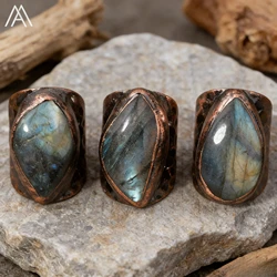 Flash Labradorite Bronze Rings Natural Raw Stone Ring Bohemian Ethnic Style Open Ring Luxury Fashion Jewelry Gift for Women Men
