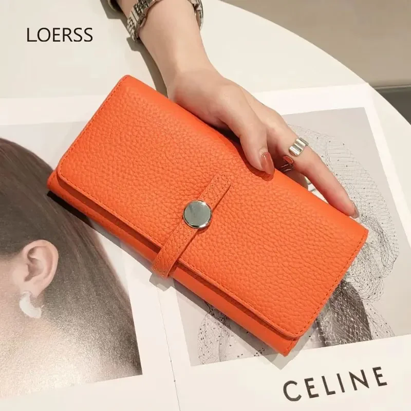 LOERSS-Portefeuille en cuir véritable pour femme, pochette longue, porte-monnaie, porte-cartes, poche à fermeture éclair, luxe, mode pour femme,