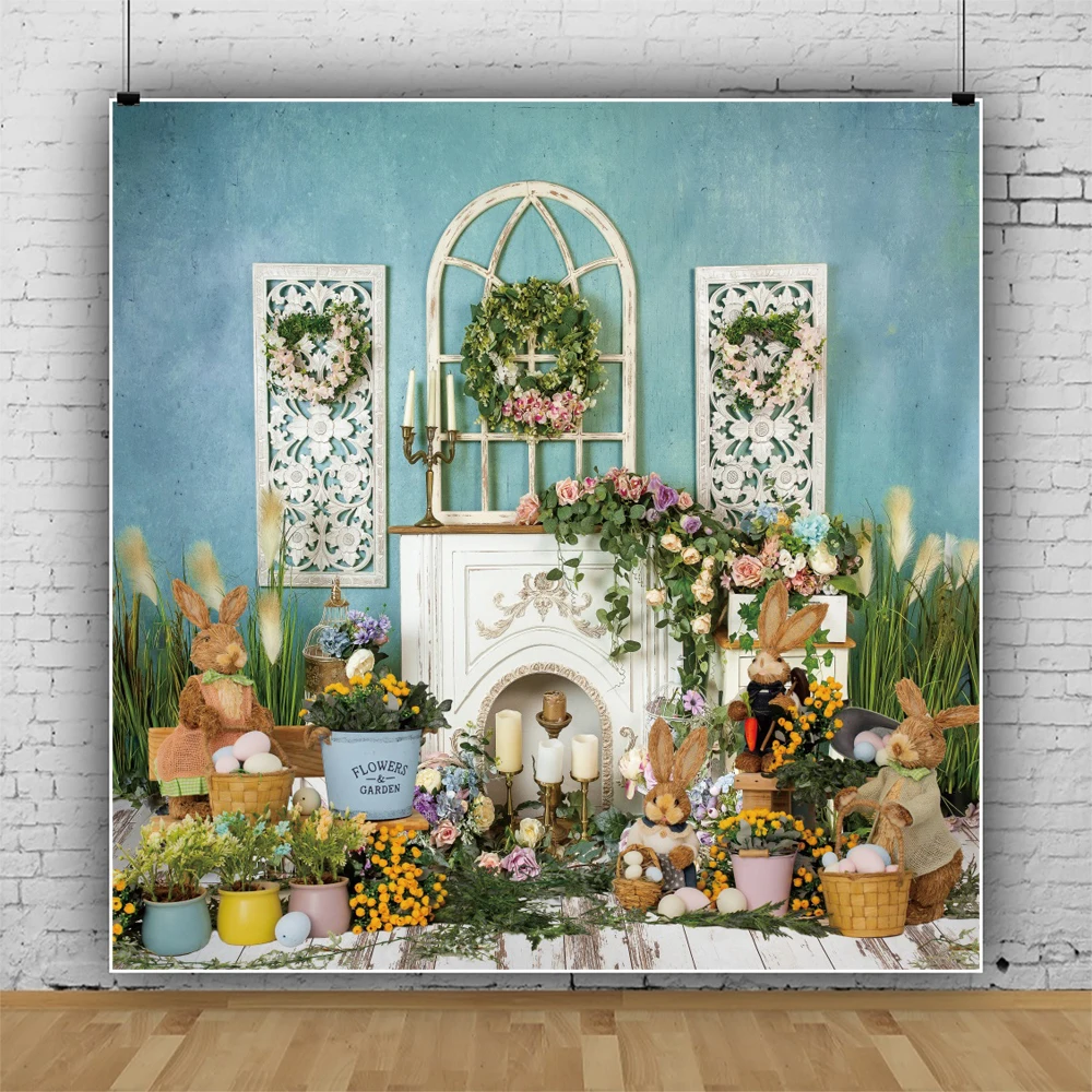 

Spring Easter Photography Backdrop Flower Grass Egg Rabbit Wood Floor Child Birthday Portrait Photocall Background Photo Studio