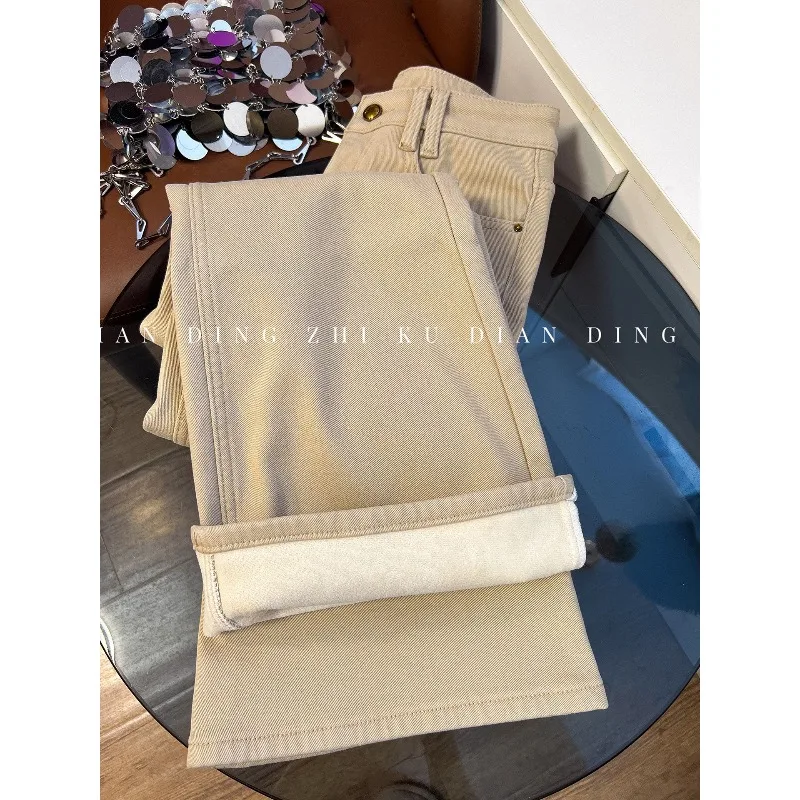 Straight Tube Micro-flared Pants Jeans Womens 2026 Autumn and Winter Models Fleece Thickened Medium High Waist Loose Tall Flared