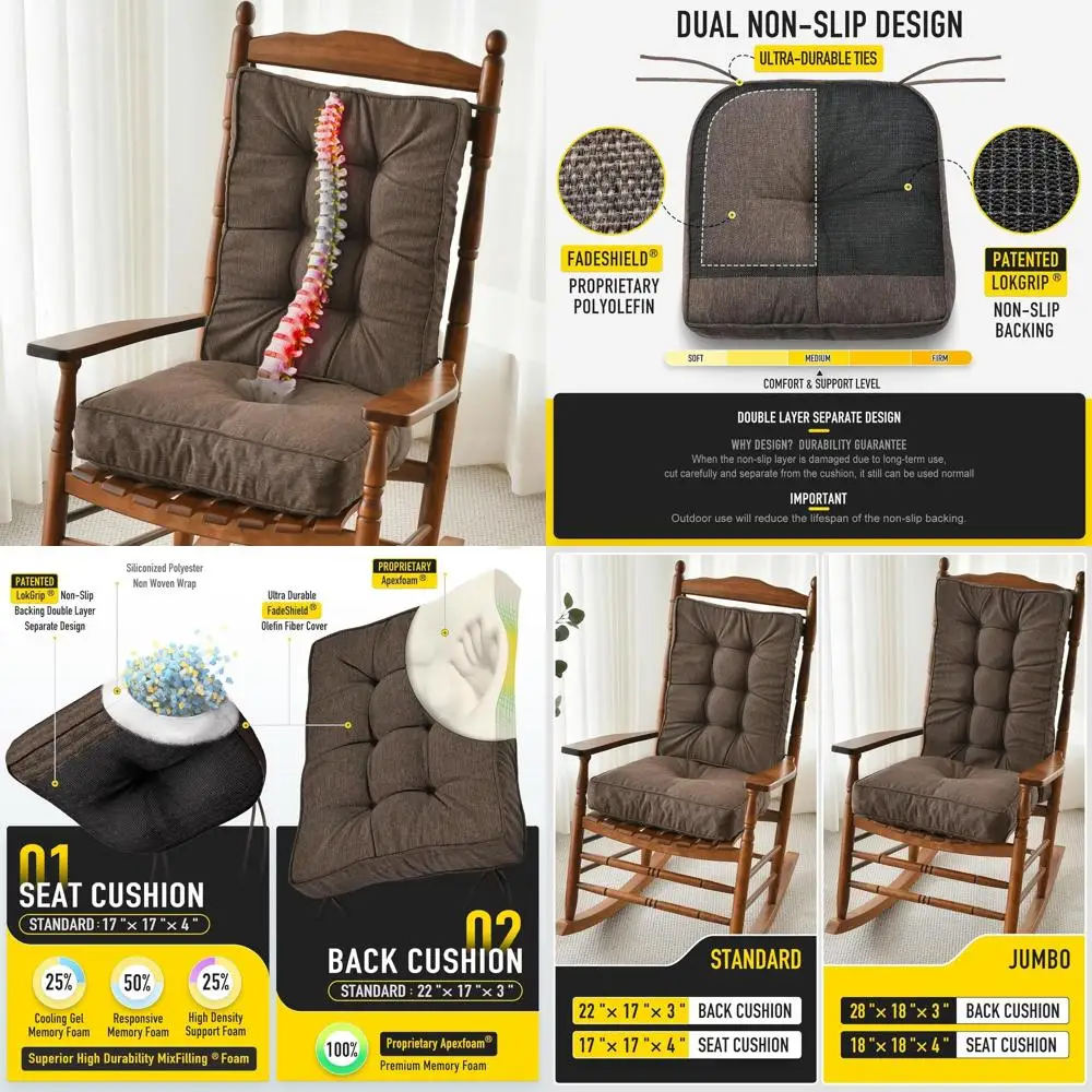 

Rocking Chair Cushion Set - Memory Foam, Non-Slip, FadeShield, Water-Resistant, Tufted Seat & Back Pads for Indoor/Outdoor Use,