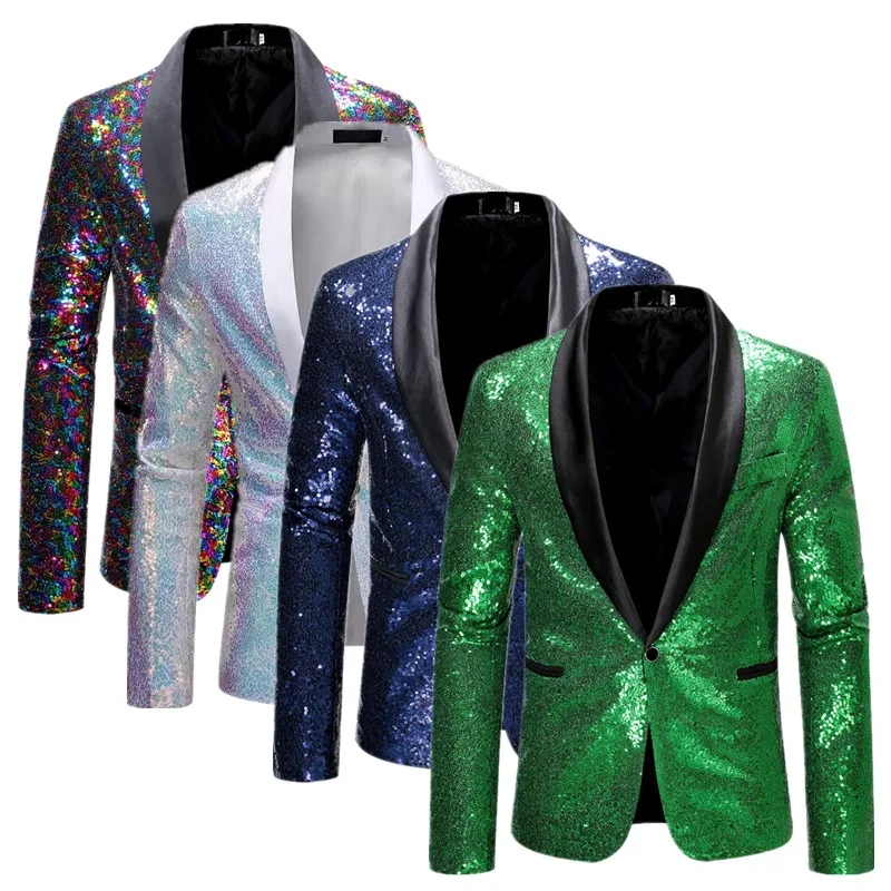 Fashion Men Sequin Suit Jacket Green / Navy Blue  2024 New Singer Host Stage Dress Blazers Coats Size S-XXL