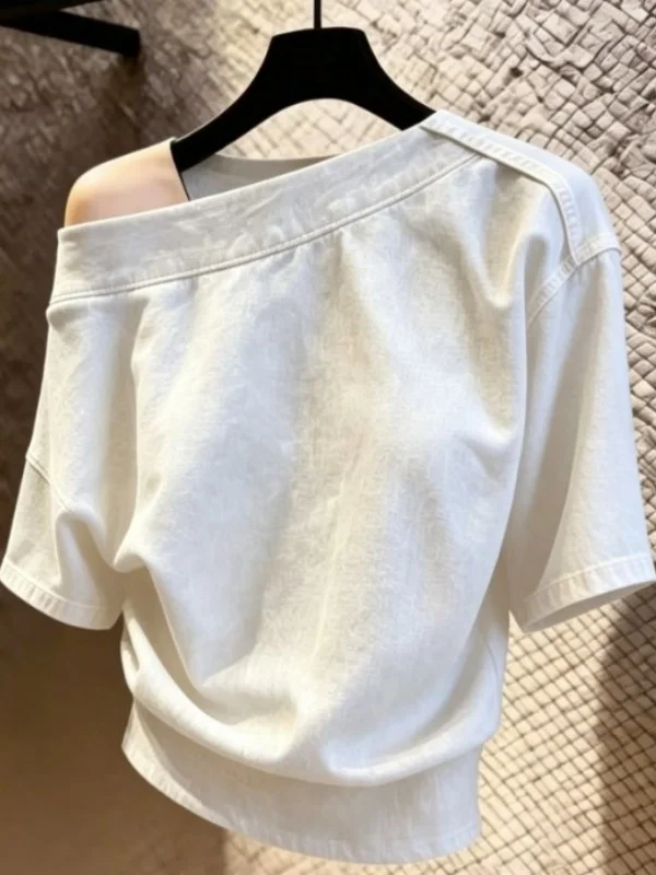 

Summer New Denim Style Casual Shoulder Bared Two-Piece Set White Short-Sleeve T-Shirt Simple Style Meat Concealing