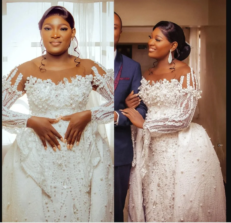 

Customized Scoop Neck Shinny Pearls Beads Wedding Dress For Brides Illusion Long Sleeves Bridal Gowns with Removable Skirt