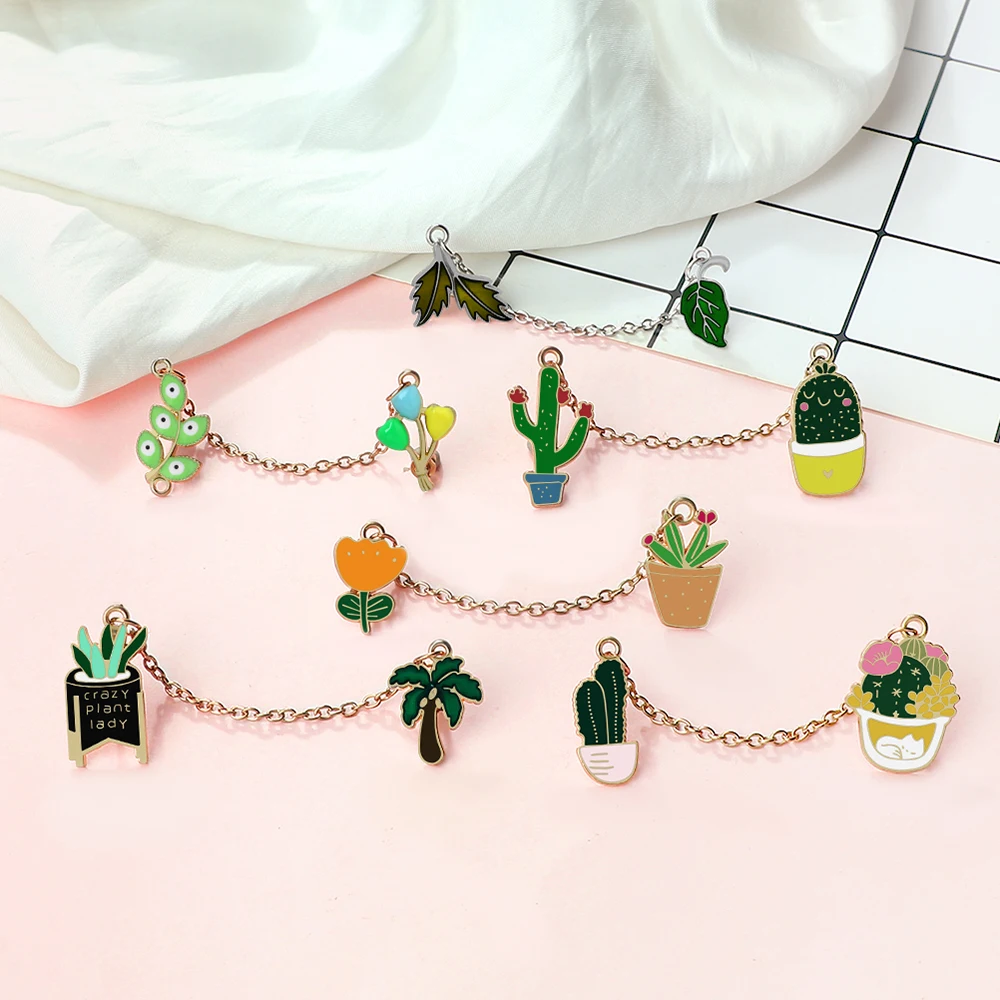 Cartoon Potted Plants Series Enamel Pins Creative Cactus Aloe Brooches with Chain Decorative Clothing Badge Gift for Plant Lover