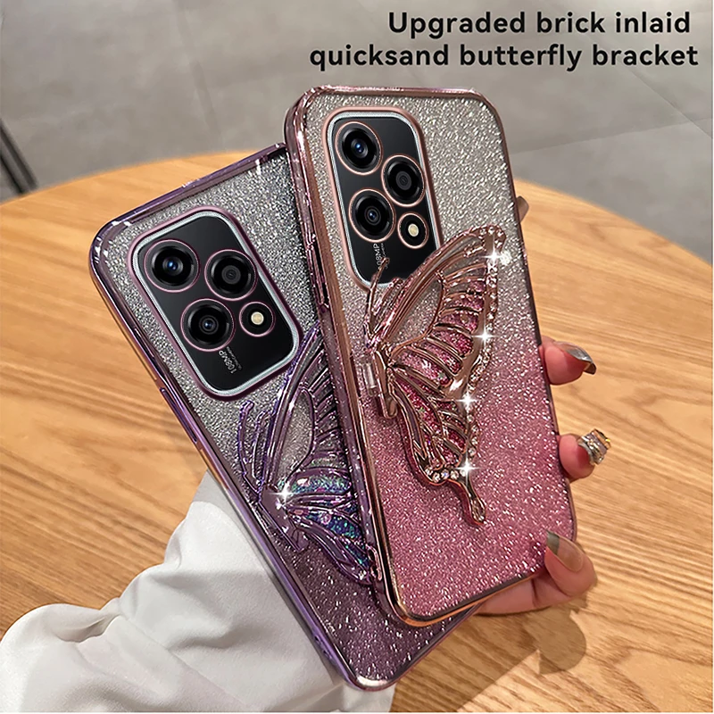 Liquid Sand Butterfly Phone Holder Glitter Plating Case for Honor 200 Lite 100 90 80 70 Pro 60 50 20 30 X7A X8A X50 X9A X30 X20