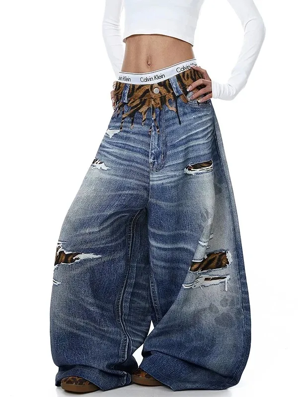 American Style High Print Tiger Pattern Hole Design Denim Pants Men Women Casual Wide Leg Knife Pants Digital Printing Jeans
