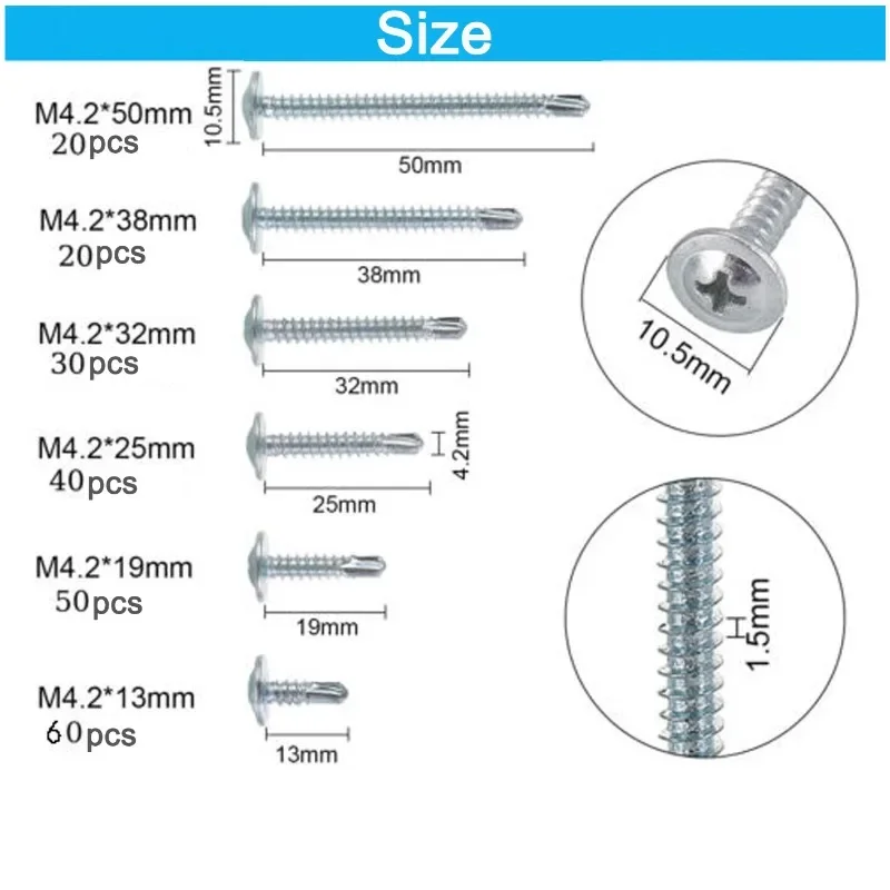 220pcs Stainless Steel Self Drilling Screws Cross Round Head with Pad Self-Tapping Sheet Metal Screws Drill Tail Dovetail Screw