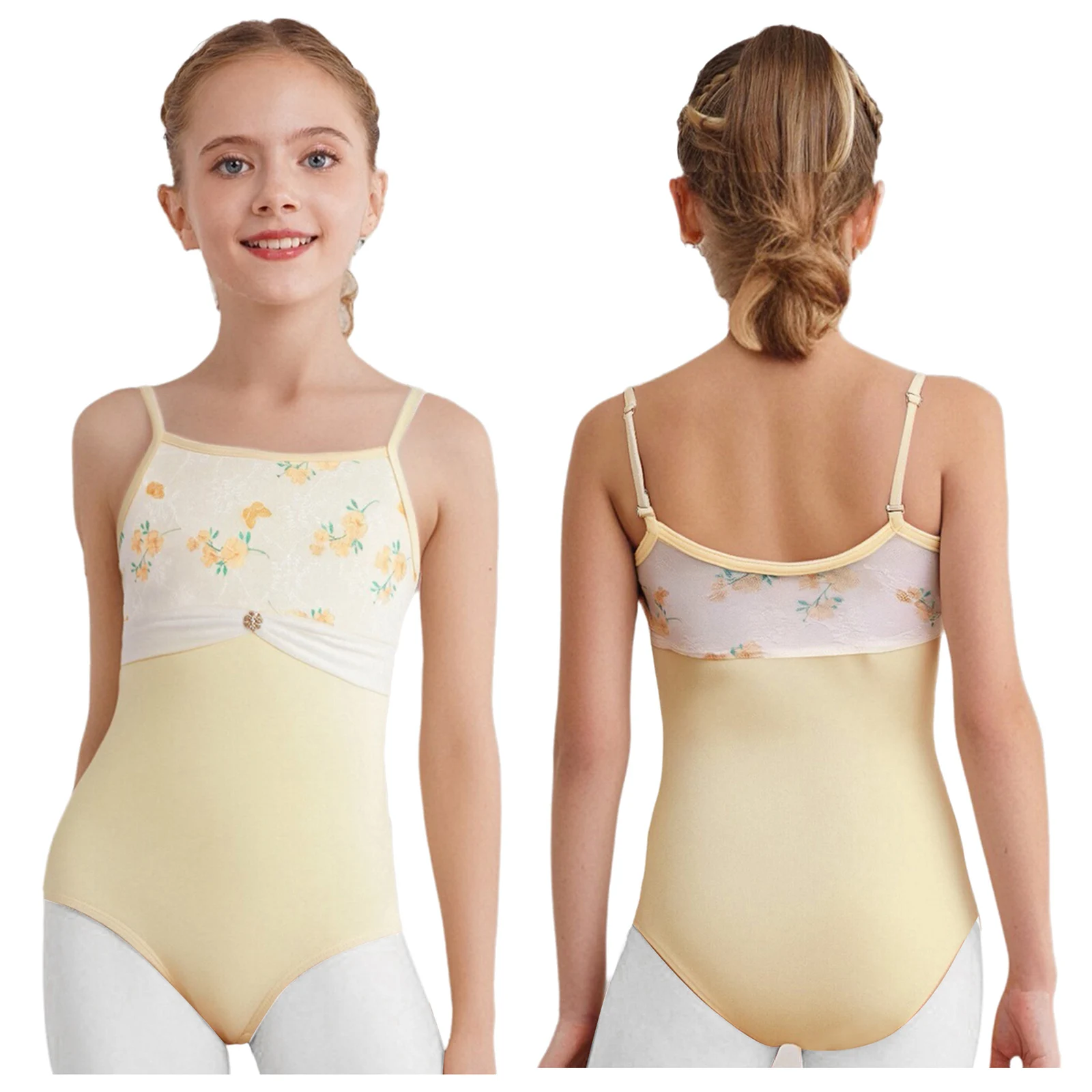 Traje de dança de balé infantil, sem mangas, alças espaguete ajustáveis, collant com saia de renda para palco, show de dança moderna