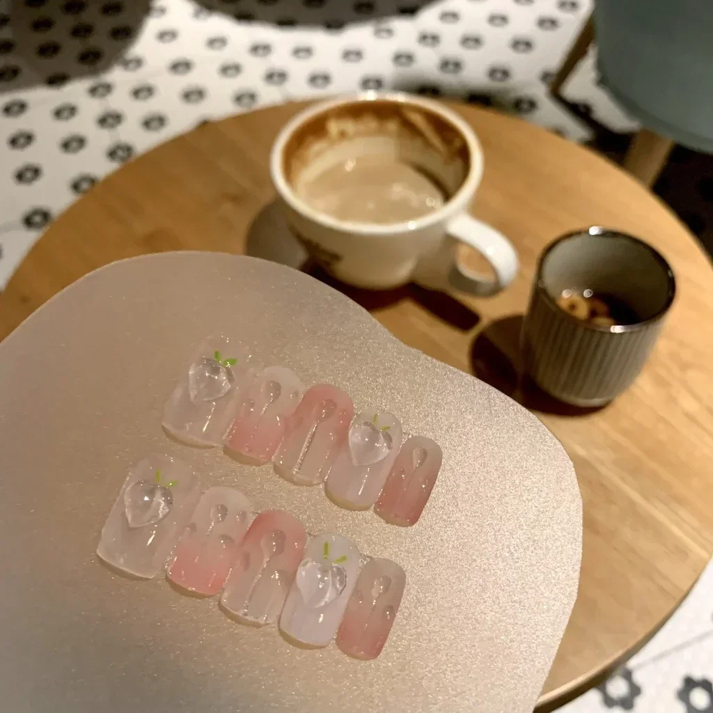 

Sweet Pink Gradient Peach Handmade Wear Nails Summer Gentle Cute Peach Nail Art Removable Fake Nails