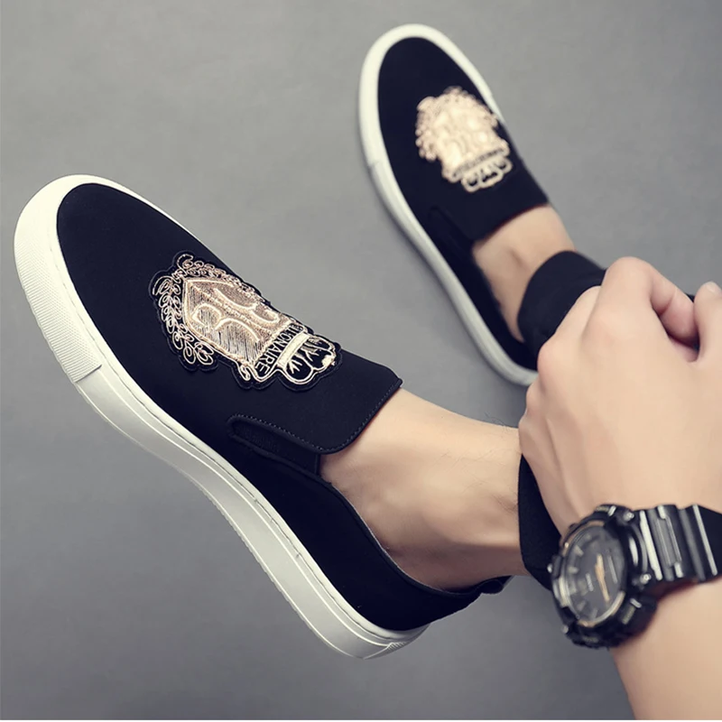 2024 Spring Autumn New Men PU Leather Casual Shoes Man Slip-On Luxury Embroidery Suede Leather Flat Skate Shoes Trend Loafers 44