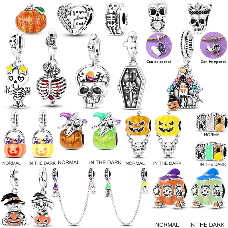 New In 925 Sterling Silver Charms Beads Flying Witch Skull Halloween Series Dangle Fit Original Bracelet Women Jewelry Gift DIY