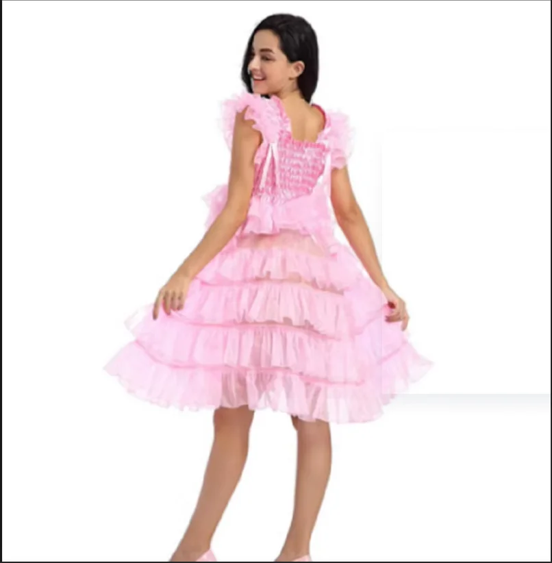 Pink Girl Sissy Lockable Satin Organza Dress Loose Cake Tower Crossdresser Party Daily Unisex Dress Role Playing Costume Customi