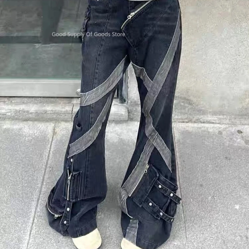 American women street retro zipper splicing micro flared jeans Y2k slimming multi pocket design straight leg pants