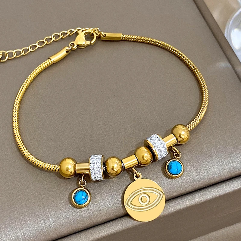 Flashbuy Evil Eye Stainless Steel Charm Bracelets for Women Enamel Zircon Gold Plated Waterproof Fasion Jewelry