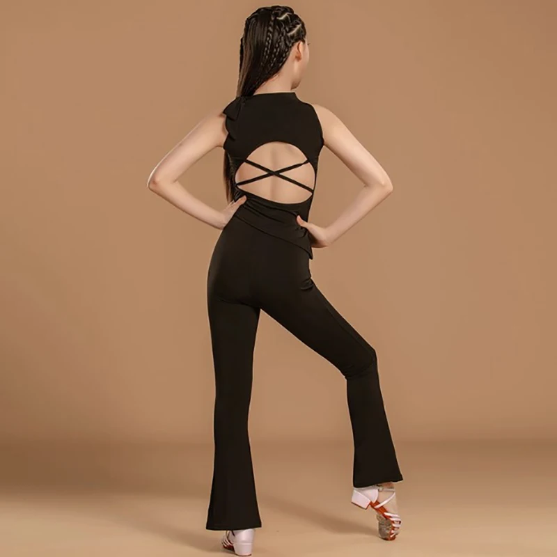 

Черный детский топ без рукавов для латинских танцев, брюки с высокой талией, брюки для девочек, детская танцевальная одежда для соревнований, костюм для бальных танцев