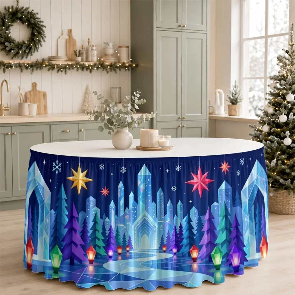One table skirt. Winter wonderland table skirt with printed polyester for evening and holiday decoration at parties.