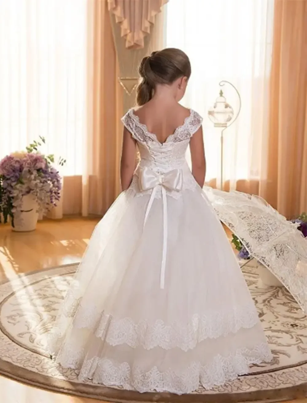 فساتين دانتيل لفتاة الزهور باللون الأبيض للفتيات الصغيرات والأطفال لوصيفة العروس وحفلات الزفاف وحفلات المناولة الأولى #2