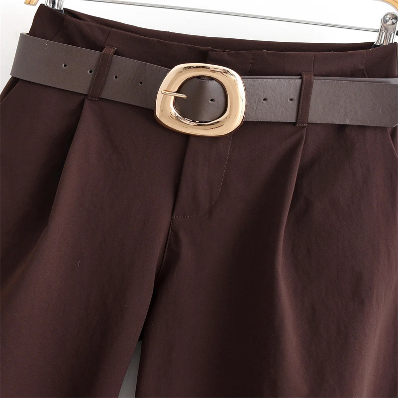 2025 Autumn Fashion Retro Brown High-Waist Slimming Wide-Leg Pants with Gold Circle Belt