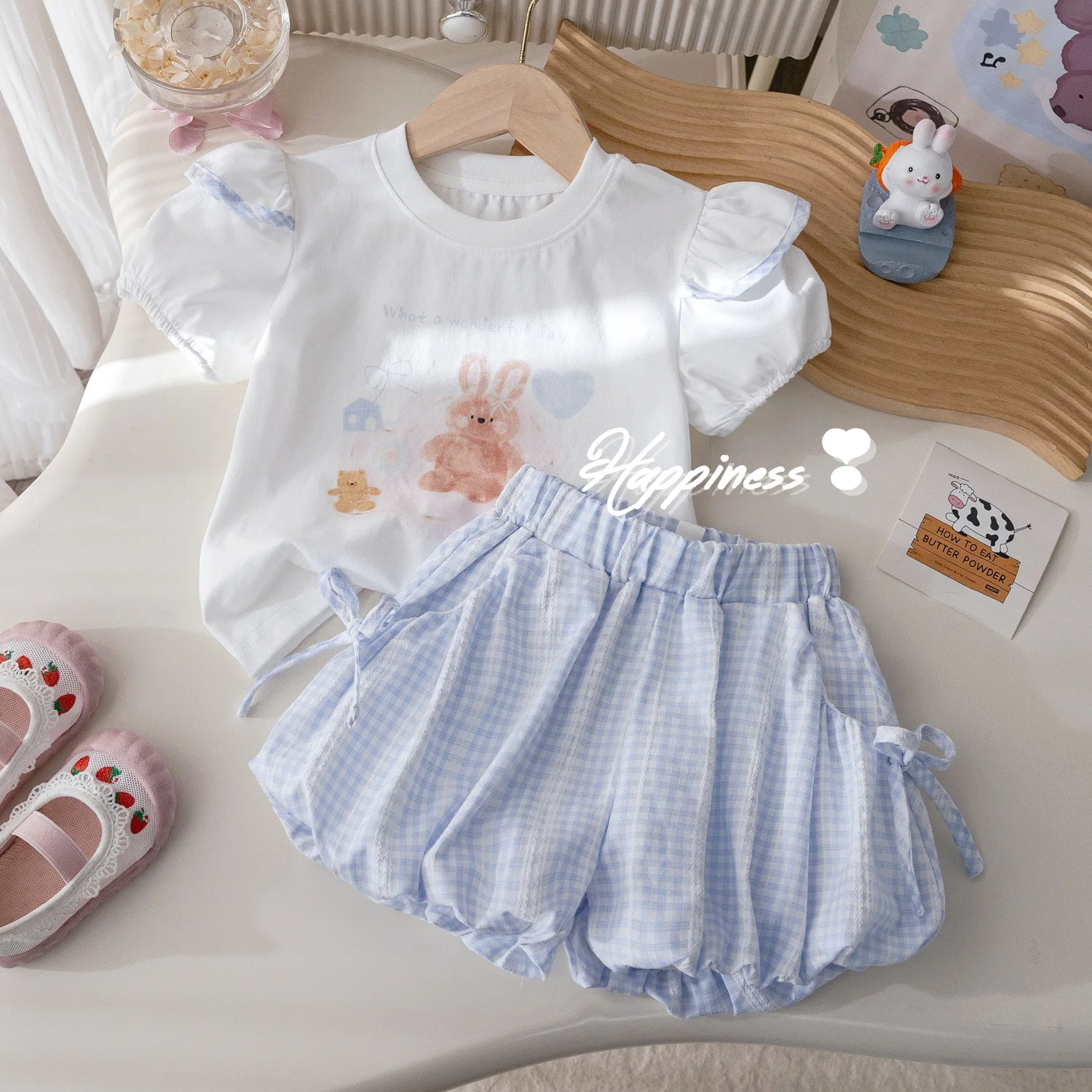 Baby Girls Summer Blue Shorts Sets Cartoon Print Puff Sleeve Pullover White T-shirt+Elastic Waist Loose Plaid Bows Lace Shorts