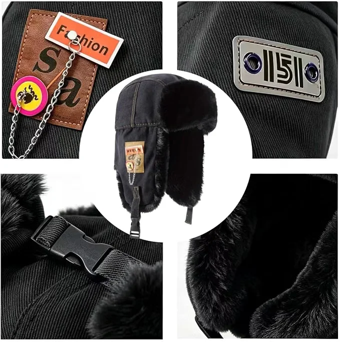 Winter Lei Feng Hat, Unisex, Windproof Ski Hat with Ear Wings, Thick Plush Faux Fur Lining, Canvas Outer Layer, Safety Adjustable Buckle Strap, vintage Y2K Decorative Chain, a Great Gift for family, a Warm Item for Winter