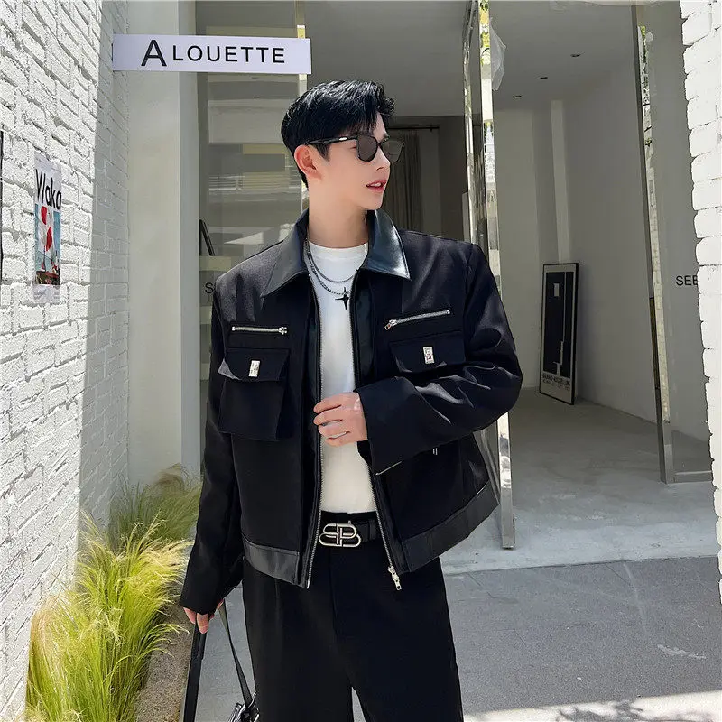 

Spring 2026 Men's Faion Urban Sle Zipper Leather Patchwork ort Jaet Korean Sle irt Collar Workwear Outerwear