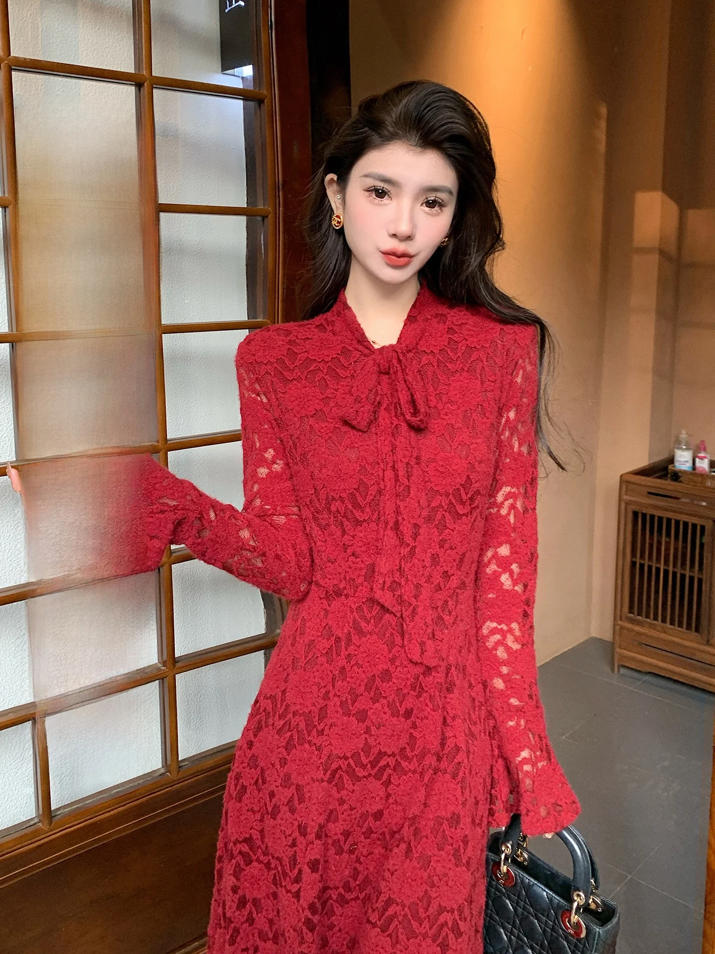 

Красное кружевное платье с длинными рукавами для женщин, модное, для Нового года, помолвки, торжества, сказочное, с завязками