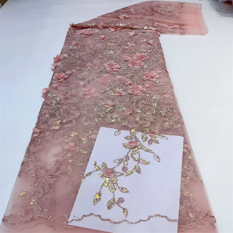 2024 Pink High Quality African Nigerian French Tulle Lace Fabric For Sewing Embroidery Dress 3D Flower Wedding Party 5Yards