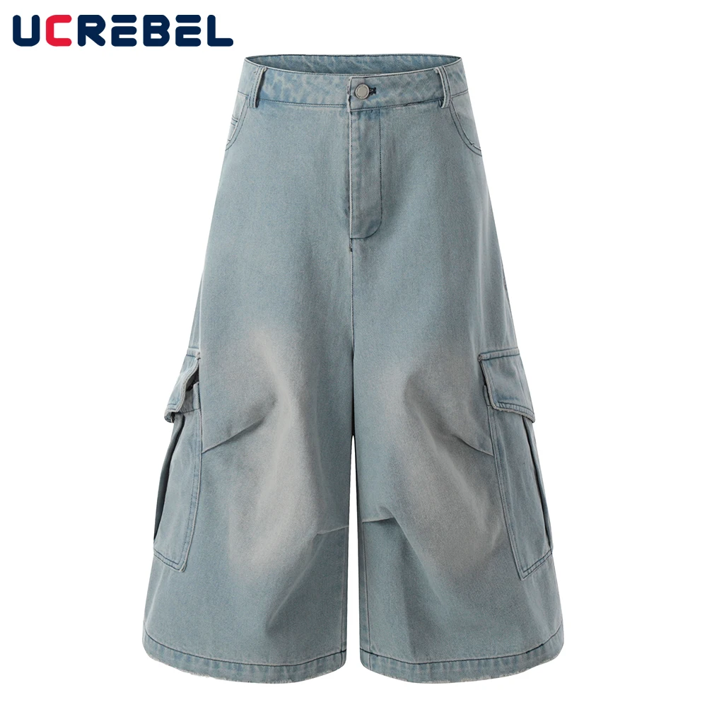 

Pocket Pleated Denim Shorts Mens Washed Distressed Summer Retro High Street Loose Wide Leg Short Pants Men
