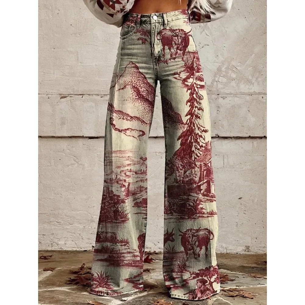 Retro Japanische Kunst-Print Weite Hose 100% Baumwolle Lässige Loose-Fit Palazzo-Hose mit Taschen Damen Sexy Hochtaillierte Hose – Detail 8