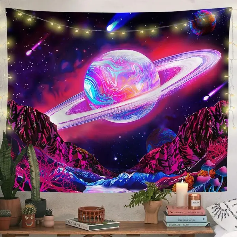 VIKAMA Astronaut Planet Galaxy Tapestry, Psychedelic Nebula Space Wall Hanging, Aesthetic Bedroom e-Sports Room Decor