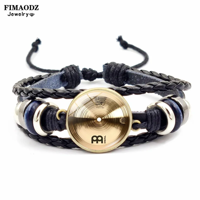 Retro Drummer Cymbals Bracelet for Men Women DJ Vinyl Record Gramophone Pattern Glass Button Leather Bracelets Bangle