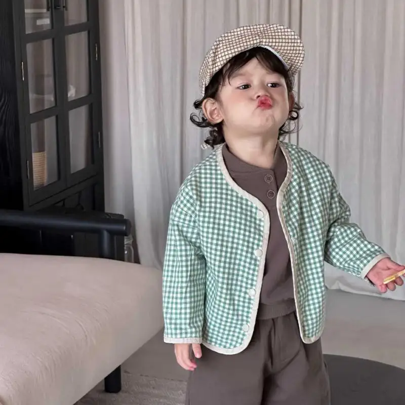 

2025 Autumn New Baby Long Sleeve Plaid Coat Cotton Infant Boys Loose Jacket Fashion Girls Casual Cardigan Toddler Clothes
